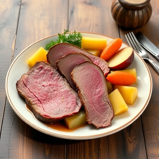 Savory Slow-Cooked Beef Corned Beef Recipe Slices of beef corned beef served with carrots and potatoes on a rustic table.